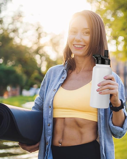 DOMICARE 32 oz Insulated Water Bottle Bulk, Vacuum Insulated Stainless Steel Sports Water Bottle with Straw Lid & Spout Lid, Leakproof, Reusable - Travel, Camping, Bike, White (4 Pack)