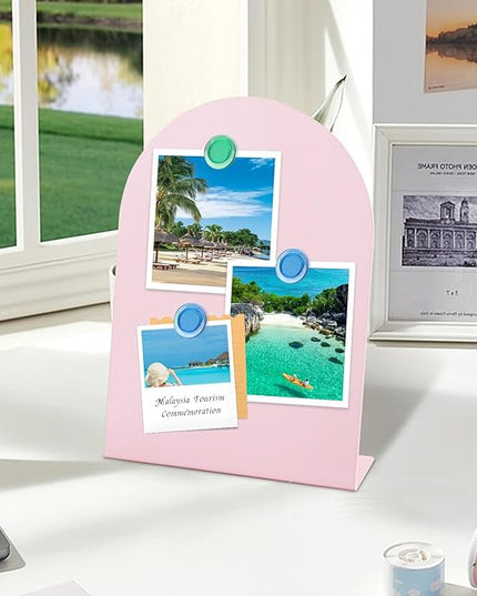 Magnet Display - 2 Pack Pink Magnetic Bulletin Board with 10 Multi-Color Magnets, 11" x 7.8" Magnet Display Board for Offices, Homes, Photos, and Documents (Arched)