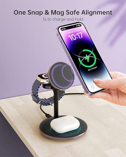 XooFly 3 in 1 Wireless Charging Station for Apple Devices, Fast Wireless Mag-Safe Charger Stand with 20W Adapter for iPhone 17/16 15 14 13 12 Pro Max/Pro/Plus/Air/Mini, iWatch, AirPods(Dark Purple)