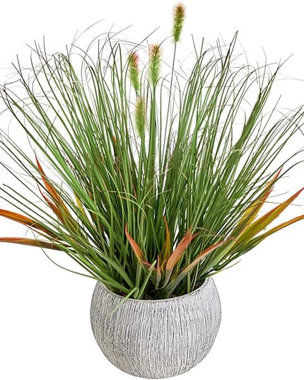 AlphaAcc 16.5" Fake Grass Plant Decorative Faux Greenery in Textured Gray Stripe Planter Lifelike Artificial Potted Plant for Modern Farmhouse Living Room Bedroom Kitchen Office Table Decor