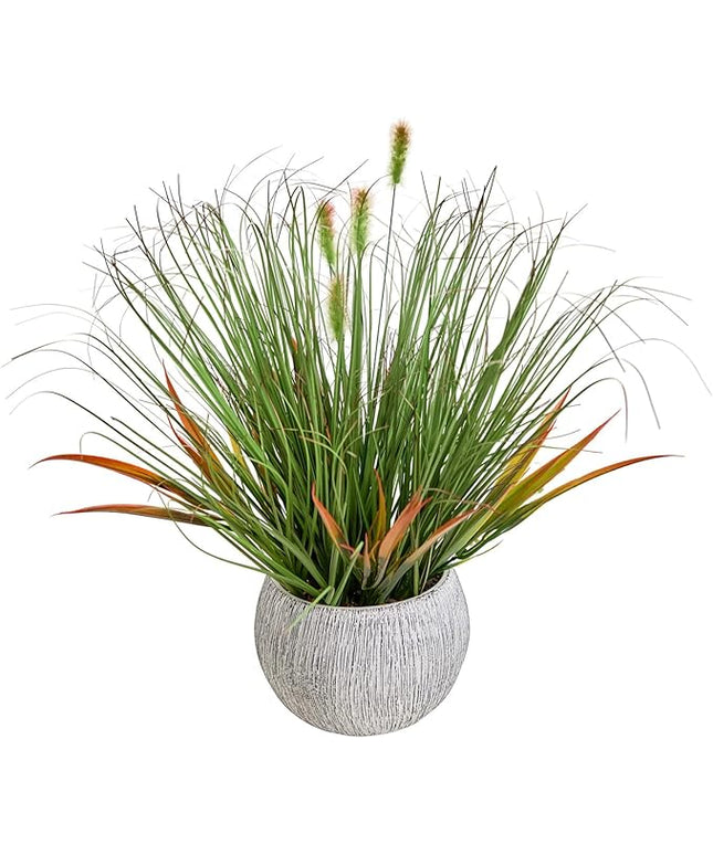 AlphaAcc 16.5" Fake Grass Plant Decorative Faux Greenery in Textured Gray Stripe Planter Lifelike Artificial Potted Plant for Modern Farmhouse Living Room Bedroom Kitchen Office Table Decor