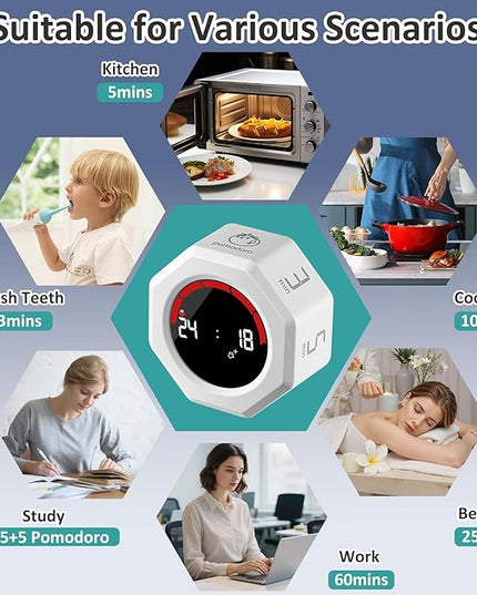 Rechargeable Pomodoro Timer, Magnetic Kitchen Timer for Cooking, 8-Angle Auto-Rotating Screen with Gravity Sensor, 3/5/10/25/30/60min & Custom Countdown for ADHD, Office, Study, Kitchen & Kids
