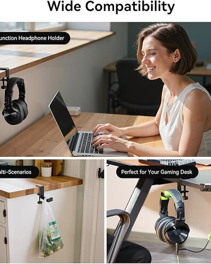 OneOdio MTL99 Foldable Headphone Stand, Metal Headset Holder Space-Saving Table Hook, Clamp-on Under Desk Hanger, Universal Fit Gaming Headphones Mount, Black
