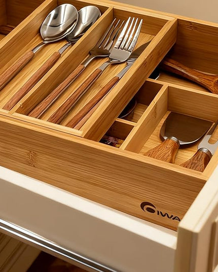 2-Tier Drawer Organizer with Removable Cutlery Tray Kitchen Utensil Silverware Drawer Organizer, Silverware Tray for Drawer Utensil Holder Bamboo Flatware Box for Utensils Stationery Cosmetics (M)