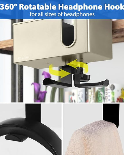 ROSLINE 3-in-1 Clip-on Desk Organizer - Pen, Headphone, and Cup Holder for Expanding Office and Gaming Space (Champagne)