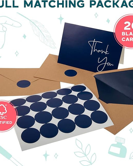 VNS Creations 20 Pack Thank You Cards With Envelopes, Stickers, 4x6 Inch Blank Thank You Notes - Bulk Box Set Large Notes for Graduation, Wedding, Small Business, Baby & Bridal Shower - Navy Blue