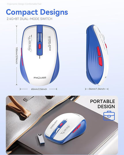 Wireless Mouse (Bluetooth & 2.4GHz USB) with Forward/Backward Side Keys, Silent Click, Ergonomic Portable AA Battery Mice for Laptop/Mac/iPad - Office & Travel Use, White & Blue