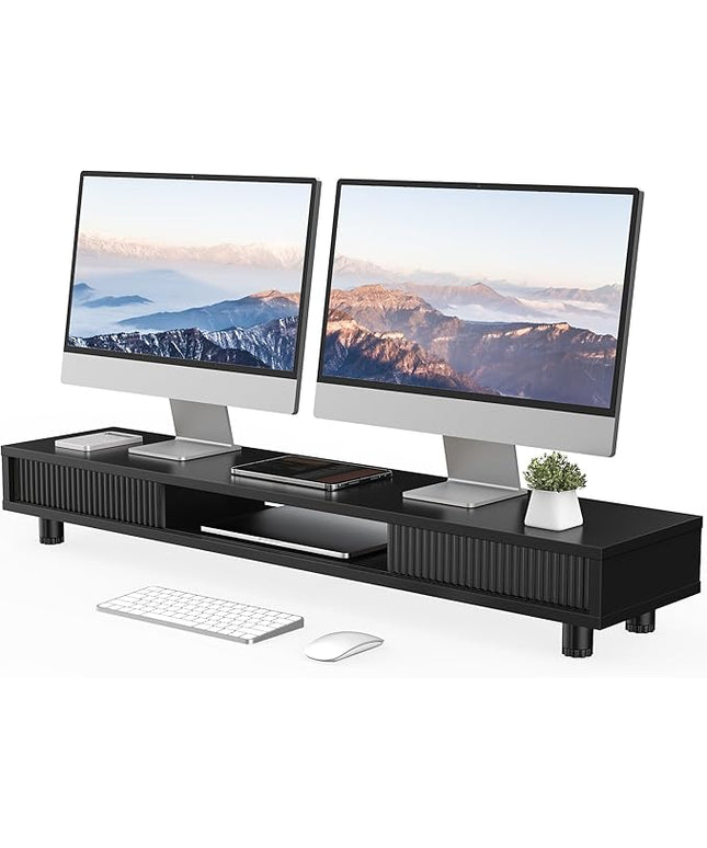Fenge Dual Monitor Stand, 42.5inch Long Monitor Stands Riser for 2 Monitors, Sliding Door with Storage Organizer Stand for Desk, 2 Tier Desk Shelf for Laptop, Pc, Printer, Computer, TV