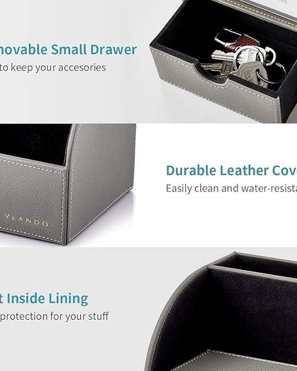 Vlando Office Desk Organizer Leather Desktop Organizer Caddy with Drawer for Storing Desktop Supplies and Accessories (Grey Set)