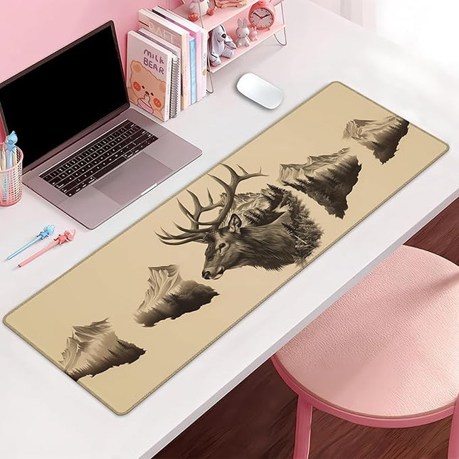 Elk and Mountain Extra Large Gaming Mouse Pad, Desk Mat, Non-Slip Rubber Base, MousePads for School, Work, Home Accessories Decor Gifts 31.5" x 11.8"