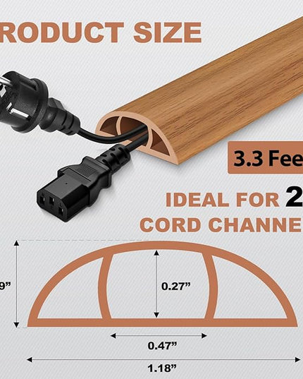 Floor Cord Cover for Wires on Floor Self Adhesive Cord Hider Floor Cable Management Wire Covers for Cords Protector Prevent Cable Trips Cord Cavity W 0.47" x H 0.27", Brown Wood, 3.3Ft