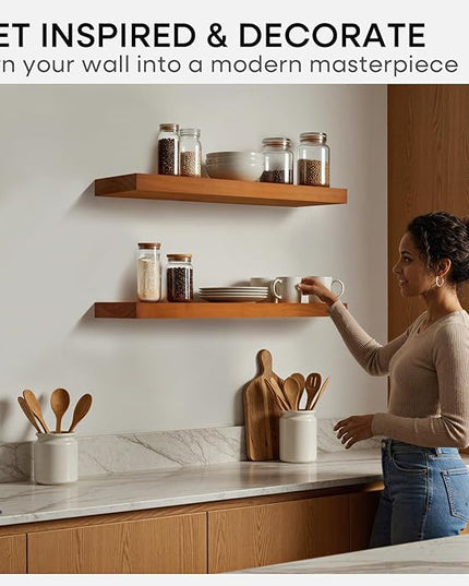 Homeforia 24inch Oak Floating Shelf for Wall, High End Solid Real Wood 24 inches Long Floating Shelves for Bathroom, Honey Oak Wooden Floating Shelves, Heavy Duty Bracket, 24 X 6.5 X 1.75 in, Set of 2