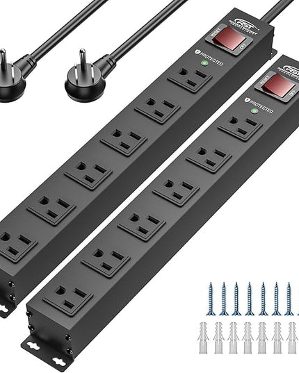 CRST 2Pack 6 Outlet Heavy Duty Power Strip with Switch, 15A/1875W Metal Mountable Power Strip Surge Protector 2100Joules, Wide Spaced Power Bar for Garage Worshop Home School, 6 FT Cord(Black)