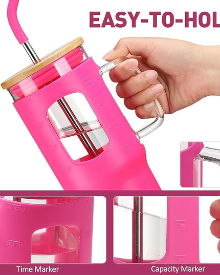 Glass Tumbler with Straw & Lid, 32 oz Glass Cup with Handle, Water Bottle with Time Marker - Pearl Straw & Silicone Protective Sleeve - Rose Red