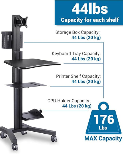 Yescom Mobile Computer Cart Rolling PC Stand Desk Workstation on Wheels with Monitor Mount Adjustable Keyboard Tray CPU Printer Holder for Hospital Clinic School Office Black