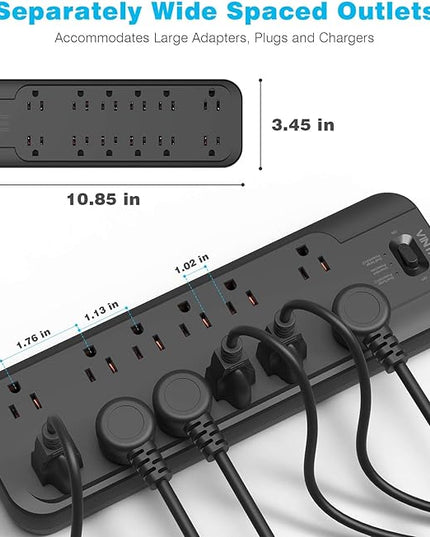 VINTAR Power Strip Surge Protector with 12 AC Outlets, 1875W Output, 10FT Long Extension Cord Flat Plug with Dual Surge Protection (2 × 4800 Joules) for Office, Home, ETL Listed, Black