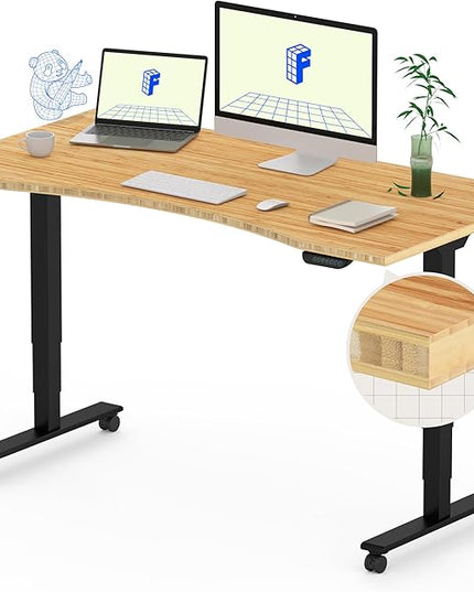 FLEXISPOT E6 MAX Bamboo Dual Motor 48x24 Inch 3-Stage Heavy Duty Standing Desk, 330lbs Weight Capacity, Height Adjustable Desk w/Cable Management & Wheels (Solid Bamboo Curved Desktop + Black Frame)