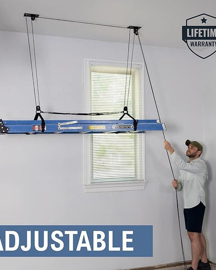 StoreYourBoard Ladder Storage Ceiling Pulley System, Garage Mount Hoist, Heavy Duty Hanging Organizer Holds 150 lbs