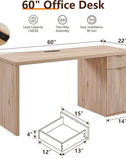 JXQTLINGMU 60" Modern Executive Desk with Storage, Wood Home Office Desk with Drawer & Cabinet, Fluted Computer Writing Desk for Study, Living Room, Bedroom, Oak