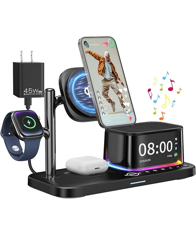 6-in-1 Wireless Charging Station for Multiple Apple Devices with Bluetooth Speakers Alarm Clock Night Light，Qi2.2 Phone Charger Stand for iPhone 17/16/15/14/13/12 Pro Max Apple Watch Airpods