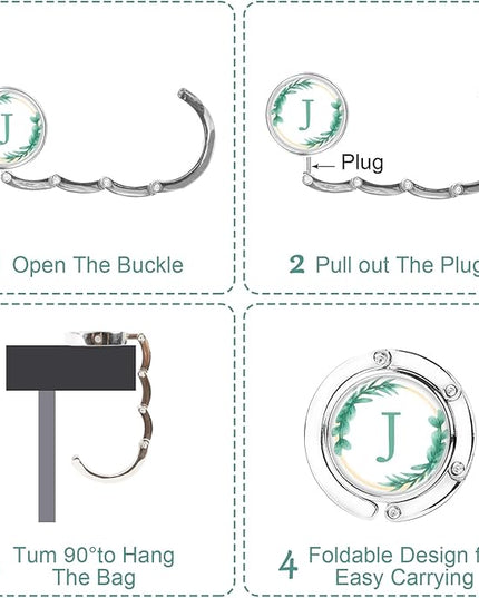 Iqimott 3pcs Personalized Initial Foldable Purse Hook for Table, Flower Letter Folding Handbag Hanger Portable Magnet Table Hook Holder, Collection Desk Purse Hooks for Women Bag (Green-J)
