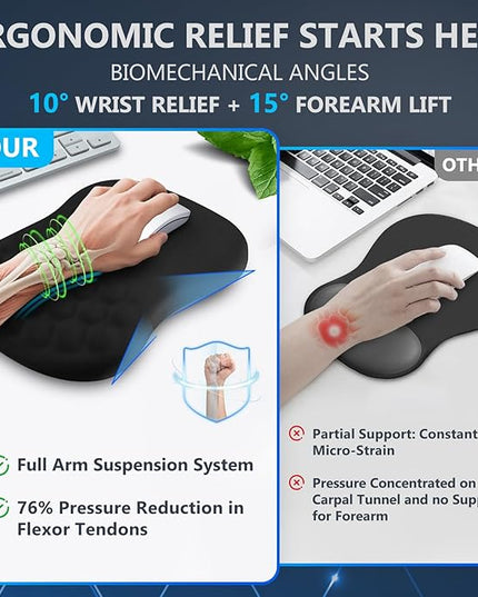 Ergonomic Mouse Pad with Wrist Rest, Dual-Slope Design for Pain Relief- Large 12x8 Inch Size with Reinforced Memory Foam & Non-Slip Base for Office Desk/Gaming (Black)