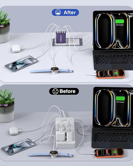 [2Pack] 60W USB C Plug,5-Port Fast Charger Block PD+QC Cube Wall Charging Box Brick for iPhone 17/16/15/14/13 for Samsung Galaxy S25/S24/S23/S22/S21+/S21 Ultra, Magsafe Wireless Charger,(Purple)