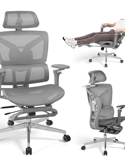 Big and Tall Ergonomic Office Chair with Footrest, 5D Adjustable Armrests, Lumbar Support, Mesh Reclining Swivel Chair for Home Office or Gaming, Adjustable Seat Depth, S3 Elite Pro Grey