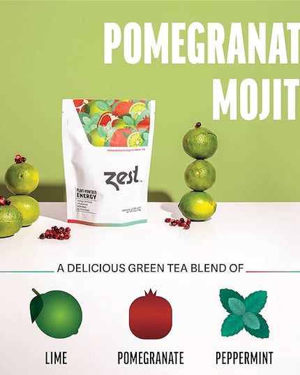 Zest Energy Green Tea - Pomegranate Mojito Loose Leaf Blend - High Caffeine Peppermint - Caffeinated Coffee Substitute - Natural, Non-GMO & Keto Friendly - Hot or Iced - 50 Servings - 135mg Caf