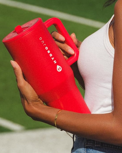 HydroJug Traveler - 40 oz Water Bottle with Handle & Flip Straw - Fits in Cup Holder, Leak Resistant Tumbler-Reusable Insulated Stainless Steel & Rubber Base - Gifts for Women & Men, Alumni Red