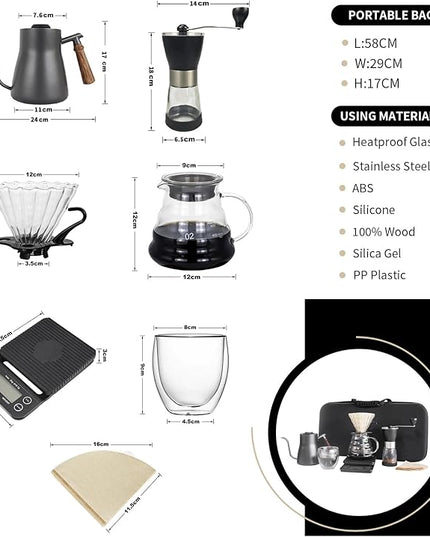Pour Over Coffee Maker Set, Portable coffee Set - Manual Coffee Grinder, Coffee Dripper Set, Gooseneck Kettle，two cups, suitable for Camping, RV, Home, and Office