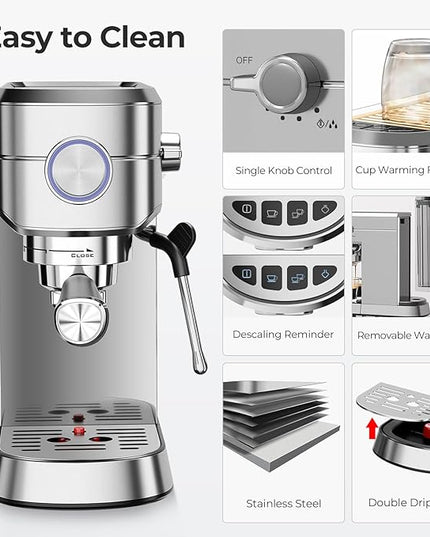 20 Bar Espresso Machine, Compact Espresso Coffee Maker with Milk Frother for Latte/Cappuccino, Auto Clean/34oz Removable Tank/Auto Shut-Off, Espresso Maker for Home/Office, Stainless Steel