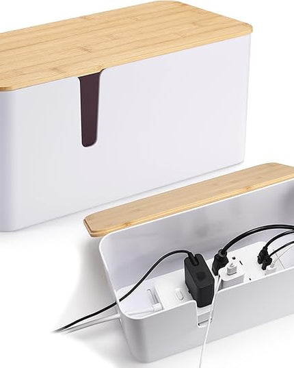 ZhiYo Bamboo Lid Cord Organizer Box, 2Pack Large Cable Management Box, Safe ABS Wire Organizer for TV and Computer, Wood Cover Cord Hider to Hide Wires, USB Hub & Under Desk Power Strip, White