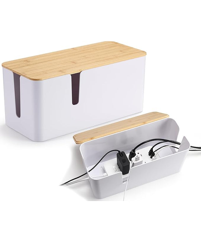 ZhiYo Bamboo Lid Cord Organizer Box, 2Pack Large Cable Management Box, Safe ABS Wire Organizer for TV and Computer, Wood Cover Cord Hider to Hide Wires, USB Hub & Under Desk Power Strip, White