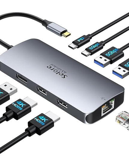 USB C Docking Station Dual Monitor, Selore Docking Station 3 Monitors Triple 4K Display with 2 HDMI, DisplayPort, 1 Gbps Ethernet, 100W PD Charging, USB 3.0 Ports Adapter for Dell, HP, Lenovo,etc