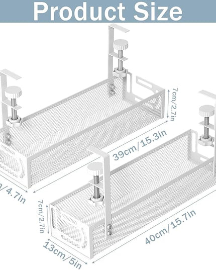 Cable Management, 2 Pack Cable Management Under Desk No Drill, Metal Cord Organizer with Clamp for Standing Desk, Cable Organizer for Home Office, White