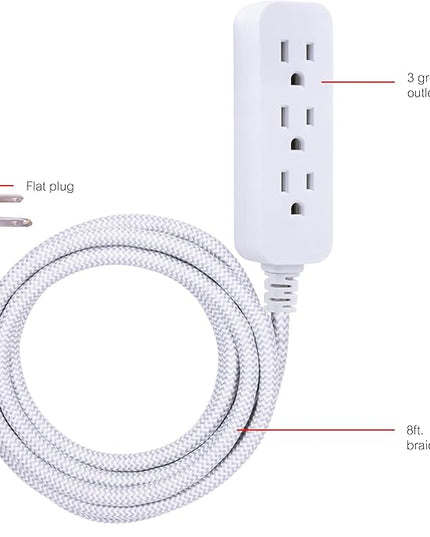 GE 3-Outlet Power Strip Surge Protector 8 Ft Braided Extension Cord with Multiple Outlets Grounded Flat Plug ETL Listed White 38433