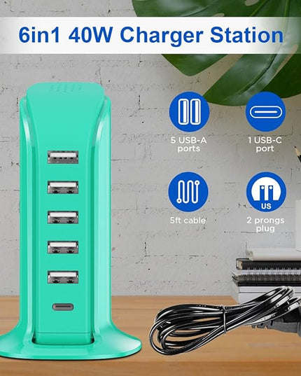 USB Tower Charging Station Upoy, Multiport Chargers for Multiple Devices 40W, Small Charging Hub for Desk, Office, Travel, USB Power Block Adapter for iPhone/Ipad