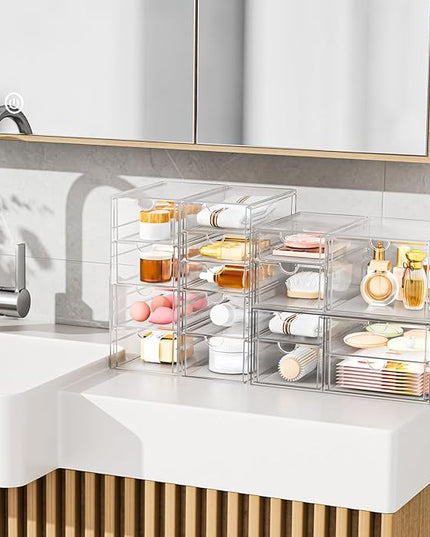 Acrylic Makeup Organizer with 17 Drawers, 4 Pack Clear Bathroom Counter Organizer for Palettes, Cosmetic, and Beauty Supplies,Ideal for Vanity, Cabinet,Desk Organization
