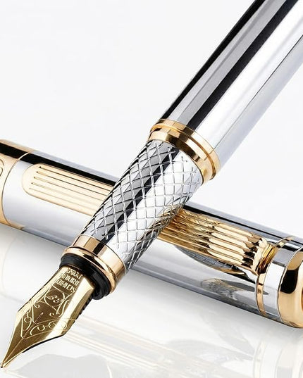Scriveiner Silver Chrome Fountain Pen - Stunning Luxury Pen, Real Gold Finish, Schmidt Gilded Nib (Extra Fine), Best Gift Set for Men & Women Professional Executive Office Nice Designer Pen