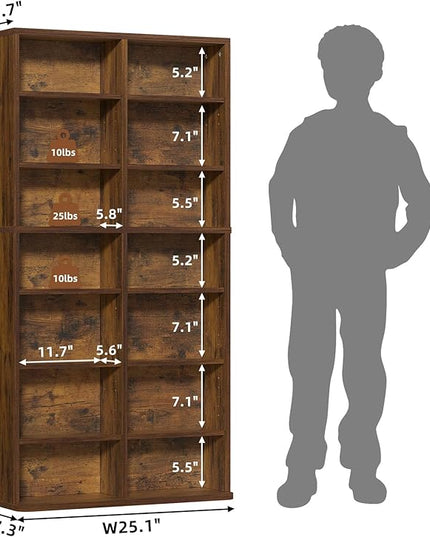 LELELINKY 7 Tier Tall Display Cabinet, Brown Media Storage Cabinet with Adjustable Shelves, Free Standing DVD Organizer Shelf, Floor Multimedia Storage Manga Bookshelf for Living Room & Home Office.