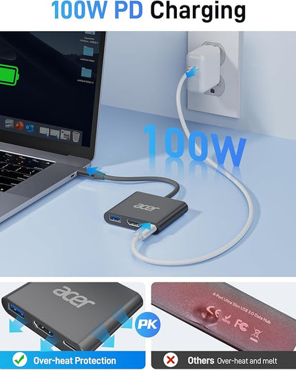 Acer USB C to HDMI Adapter, 4K USB C Hub with 100W PD, USBA 3.0 Port, HDMI to USBC Multiport Digital AV Converter for MacBook Pro/Air, iPad, Tablets, TV, Monitor and More (Black)