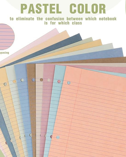 PerKoop 600 Sheets Colored Loose Leaf Paper 8.5" x 11" college ruled Lined 3 Hole Punched notebook Filler Paper for 3 Ring Binders Office School Supplies (Muted Colors)
