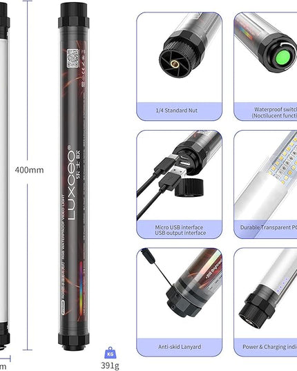 Handheld Photography Light Professional LED Video Light Wand 12 Lighting Mode, Stepless Dimming,CRI≥95 IP68 Waterproof with10400mAH Rechargeable Battery 3000k 5750k RGB Colorful Stick