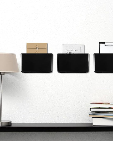 Tenceur 12 Pcs Plastic Single Pocket Wall Mount File Holder with Double Sided Adhesive Tape and Screws Wall File Hanging Folder Letter Paper Mail Organizer for Office Home Classroom(Black)
