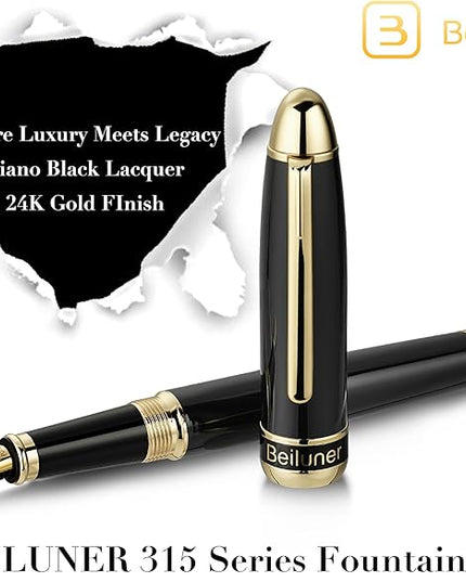 BEILUNER 315 Black Fountain Pen,Stunning Luxury Pens with 24K Gold Accents, Gorgeous 24K Gilded Nib(Medium), Ink Converter,Fancy Pen Gift for Men&Women-Elegant, Office, Reliable, Nice Design