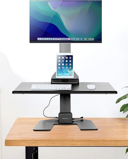 Mount-It! Electric Standing Desk Converter - Motorized Sit-Stand Desk Riser with Monitor Mount, Standup Powered Desktop Lift for Single Monitor up to 32", 28" Wide Keyboard Tray, Adjustable Height