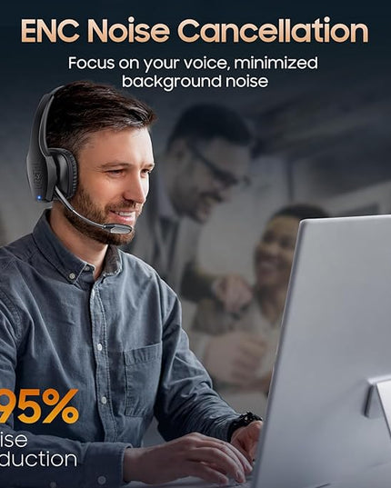 Trucker Bluetooth Headset, Wireless Headset with Mic, Bluetooth Headsets with Dual Noise Cancelling Microphone & Mute Button, 55Hrs Working Time PC Headsets for Cell Phones, Computer, Truck Driver