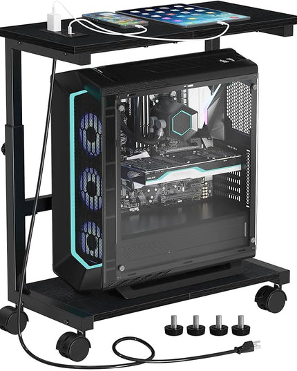 Snughome Computer Tower Stand with Charging Station, 25.0"-32.1" Height Adjustable PC Tower Stand for Floor, Mobile PC Holder with Locking Wheels Computer Cart for Home Office