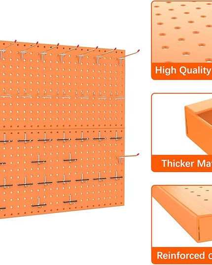 TORACK Metal Pegboard Wall Organizer 24" x 24" or 12" x 48", 70 PCS Tools Storage Pegboard for Garage, Modular Pegboard, Tool Organizer Board with Peg Board Hooks(Orange)